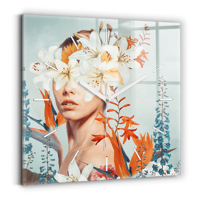 Square wall clock Woman with flowers
