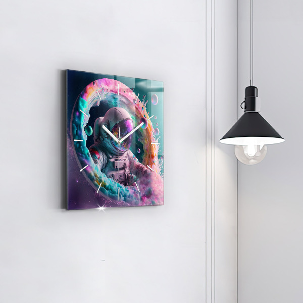 Square wall clock Cosmonaut and colorful clouds