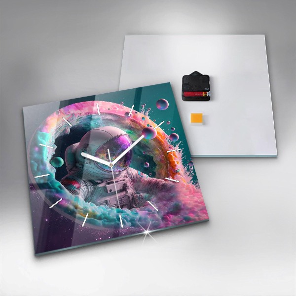 Square wall clock Cosmonaut and colorful clouds