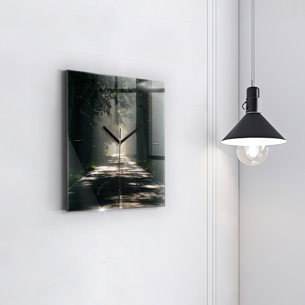 Square wall clock Forest road and streaks of sunlight