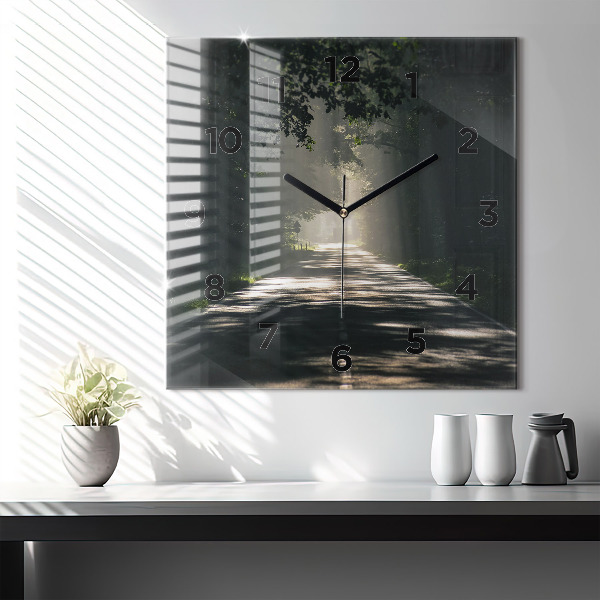 Square wall clock Forest road and streaks of sunlight