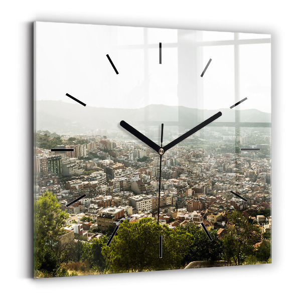 Square wall clock Barcelona view Montjuic