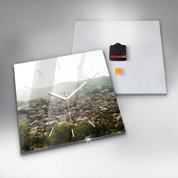 Square wall clock Barcelona view Montjuic
