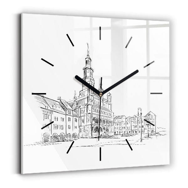 Square wall clock Sketch of the old town of Poznań