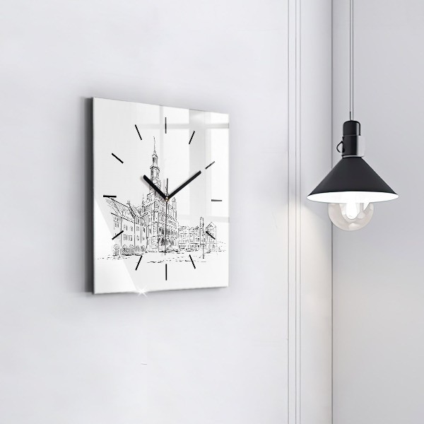 Square wall clock Sketch of the old town of Poznań