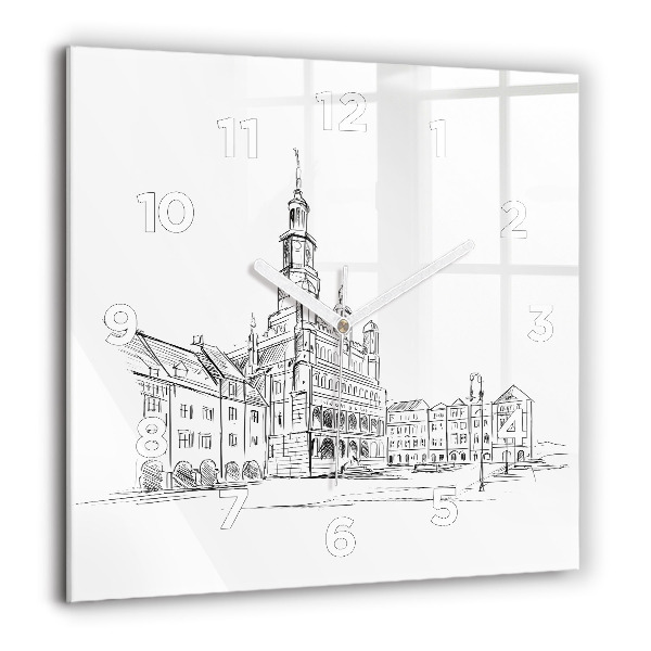 Square wall clock Sketch of the old town of Poznań