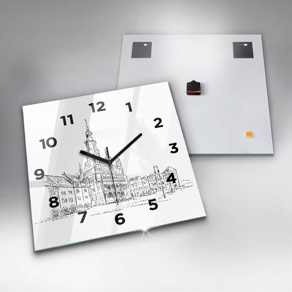 Square wall clock Sketch of the old town of Poznań