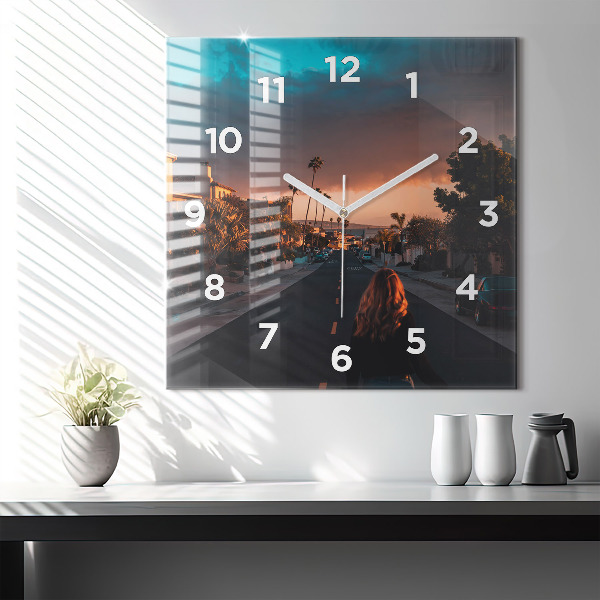 Square wall clock Woman on the road