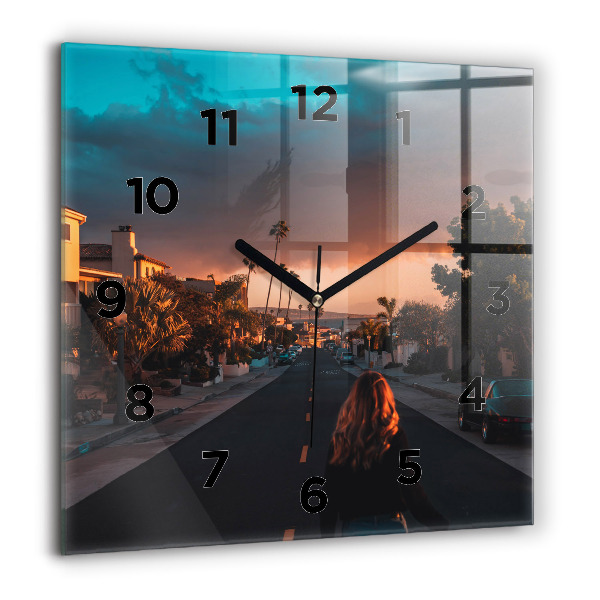 Square wall clock Woman on the road