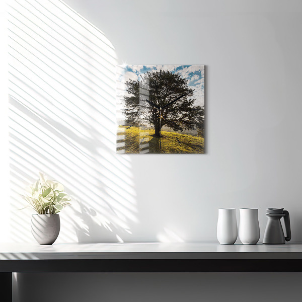 Square wall clock A tree on a hill