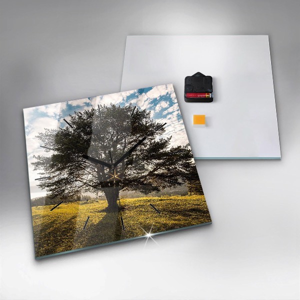 Square wall clock A tree on a hill