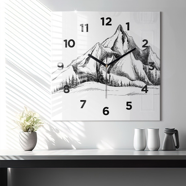 Square wall clock Drawn mountains