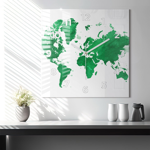 Square wall clock Green world map
