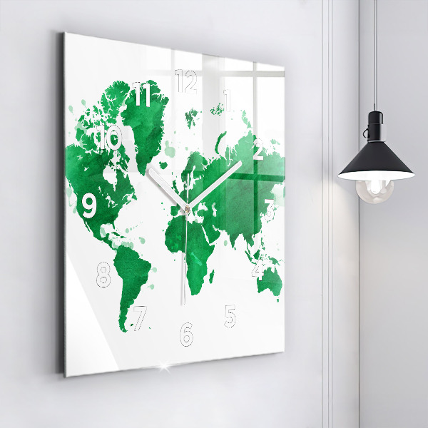 Square wall clock Green world map