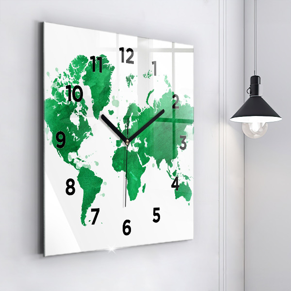 Square wall clock Green world map