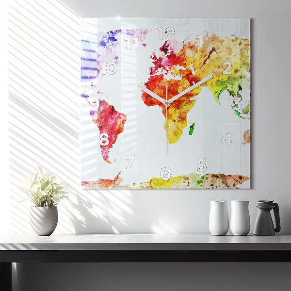 Square wall clock Watercolor world map