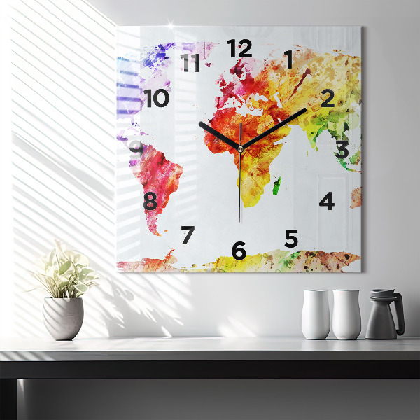 Square wall clock Watercolor world map