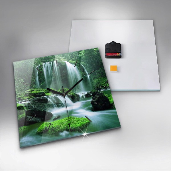Square wall clock Waterfall among the moss
