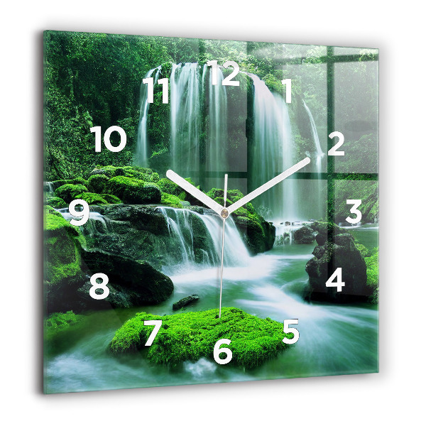 Square wall clock Waterfall among the moss