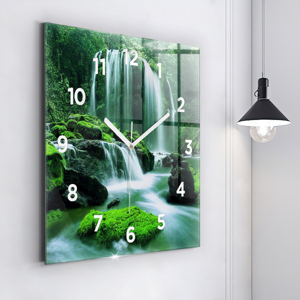 Square wall clock Waterfall among the moss