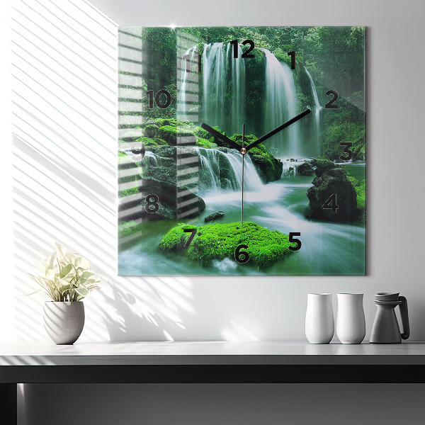 Square wall clock Waterfall among the moss