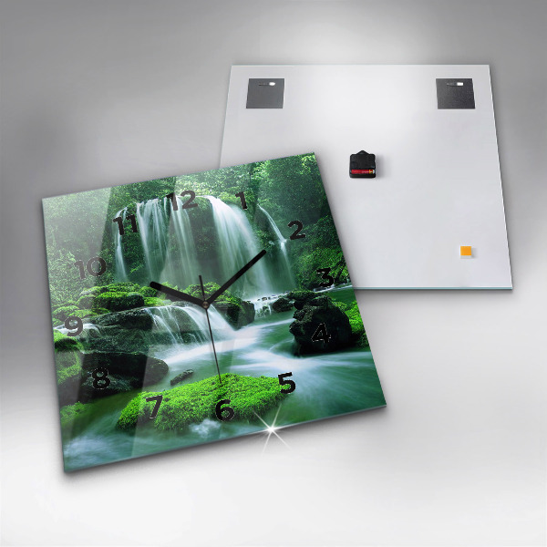 Square wall clock Waterfall among the moss