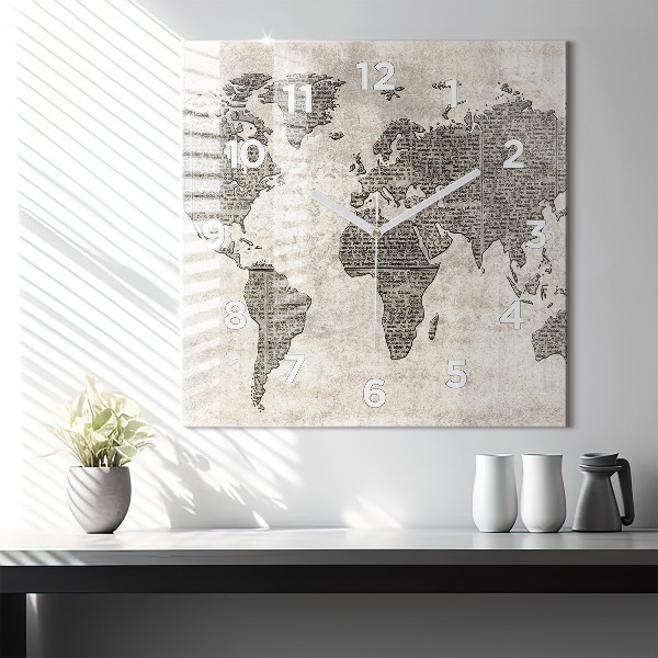 Square wall clock World map newspaper