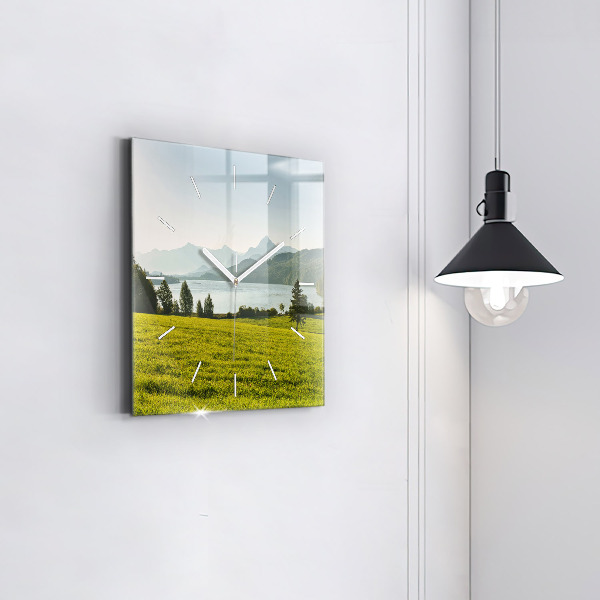 Square wall clock Mountains and field