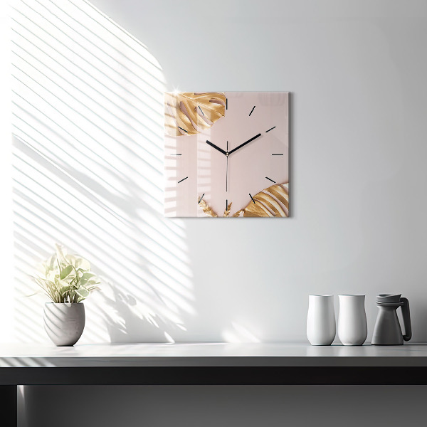 Square wall clock Golden tropical leaves