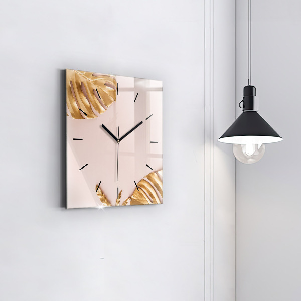 Square wall clock Golden tropical leaves