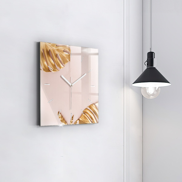 Square wall clock Golden tropical leaves
