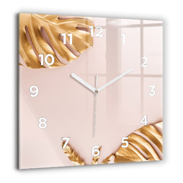 Square wall clock Golden tropical leaves