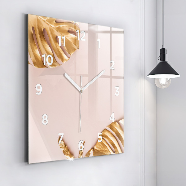 Square wall clock Golden tropical leaves