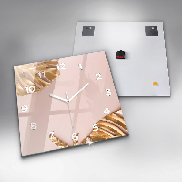 Square wall clock Golden tropical leaves