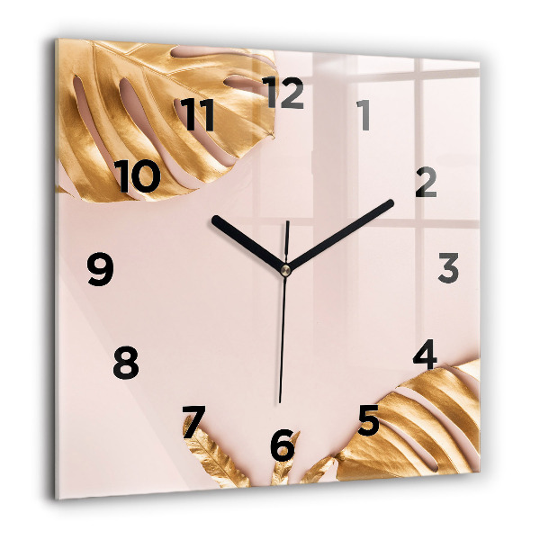 Square wall clock Golden tropical leaves