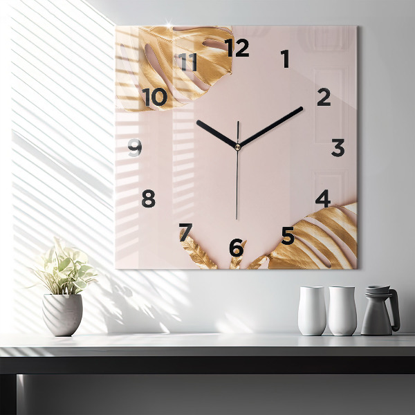 Square wall clock Golden tropical leaves
