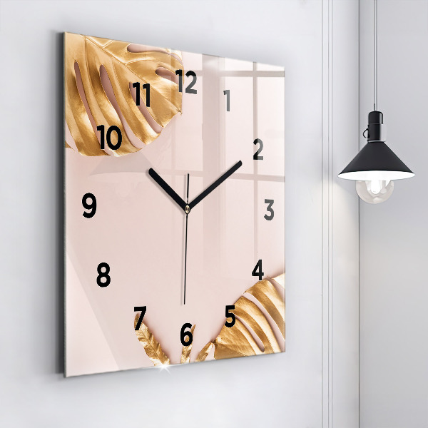 Square wall clock Golden tropical leaves