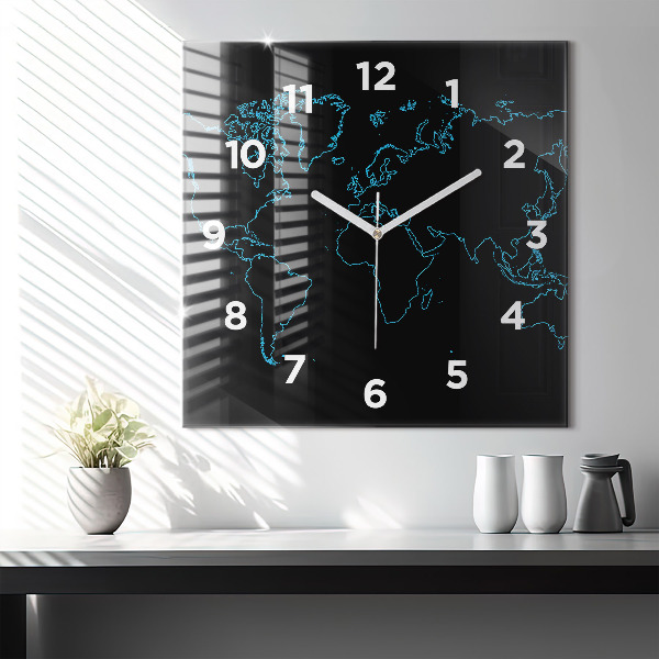 Square wall clock World map outlines