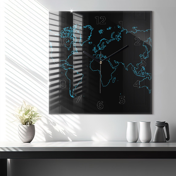 Square wall clock World map outlines