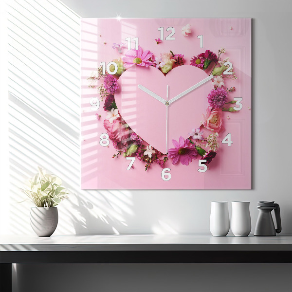 Square wall clock Heart of flowers