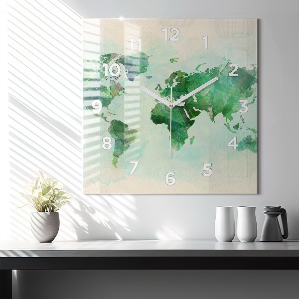 Square wall clock Watercolor world map