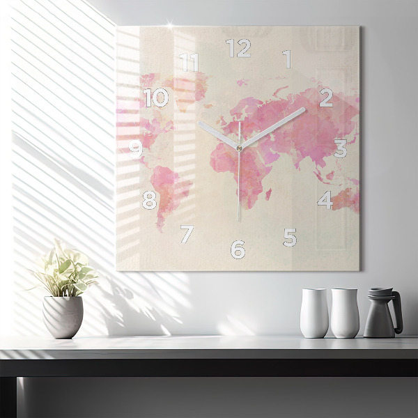 Square wall clock Watercolor world map