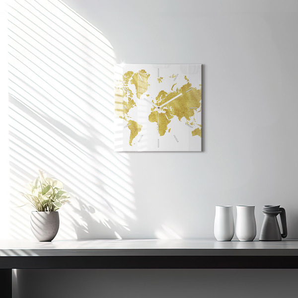 Square wall clock Golden map of the world