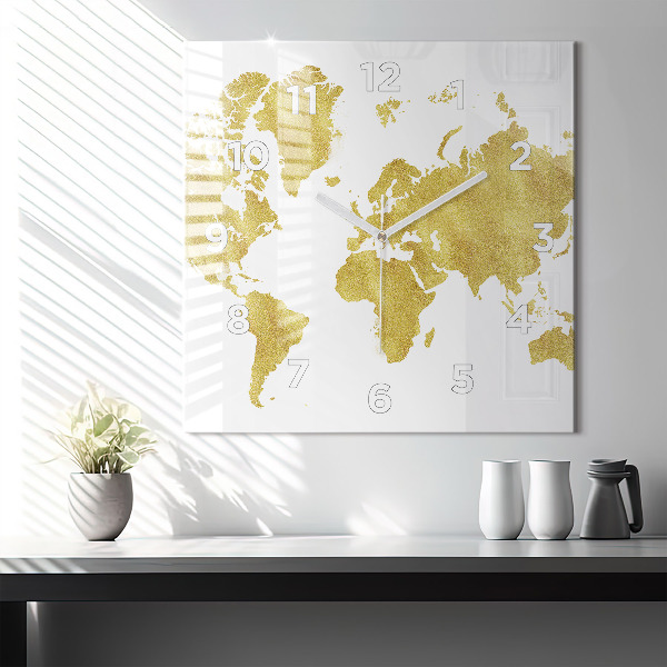 Square wall clock Golden map of the world