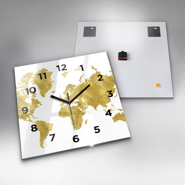 Square wall clock Golden map of the world