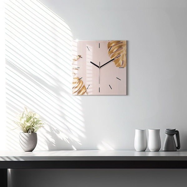 Square wall clock Golden tropical leaves