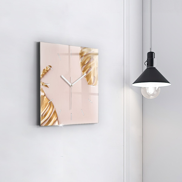 Square wall clock Golden tropical leaves