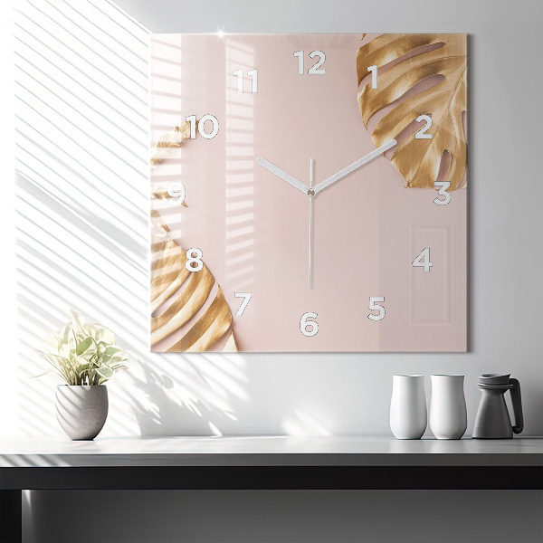 Square wall clock Golden tropical leaves