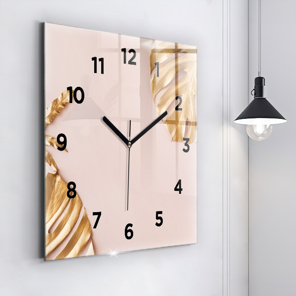 Square wall clock Golden tropical leaves