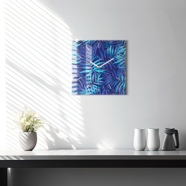 Square wall clock Blue leaves